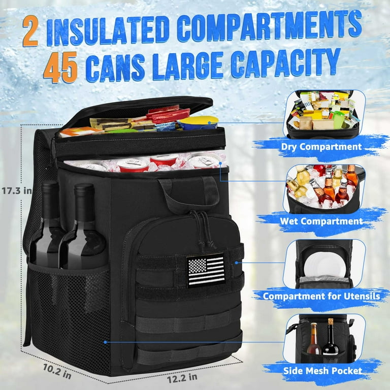 Autowt Cooler Backpack Insulated Camping Bag - 45 Can Black Soft Cooler Back Pack for Men Women, Large Capacity Leakproof with Top Handle, Portable