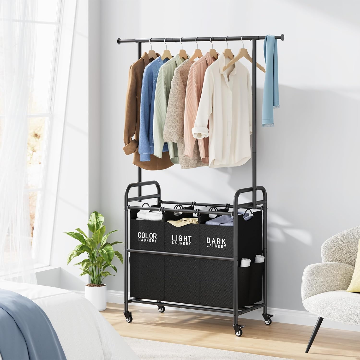 Laundry Sorter Cart with Hanging Rack, Laundry Sorter 3 Section, Laundry Hamper with Heavy Duty Rolling Lockable Wheels, Black