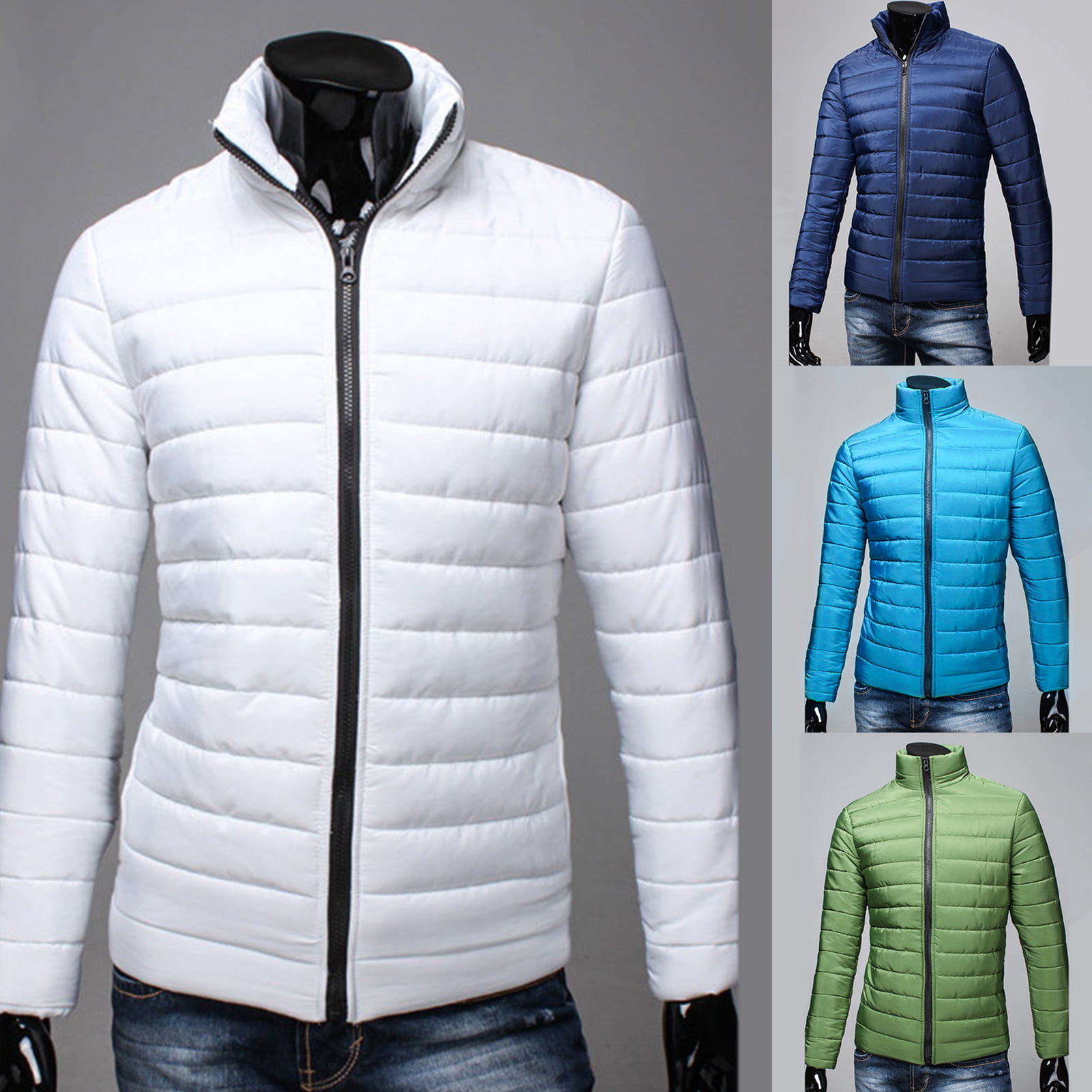 Rrive Mens Zipper Stand Collar Winter Contrast Color Quilted Down Jacket Coat 