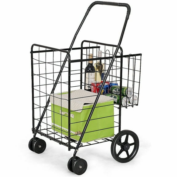 LiteHaven Folding Shopping Cart, Metal Grocery Cart w/Extra Basket & 360° Swivel Wheels & Non-Slip Handle, Heavy Duty Utility Cart for Grocery Laundry Book Luggage