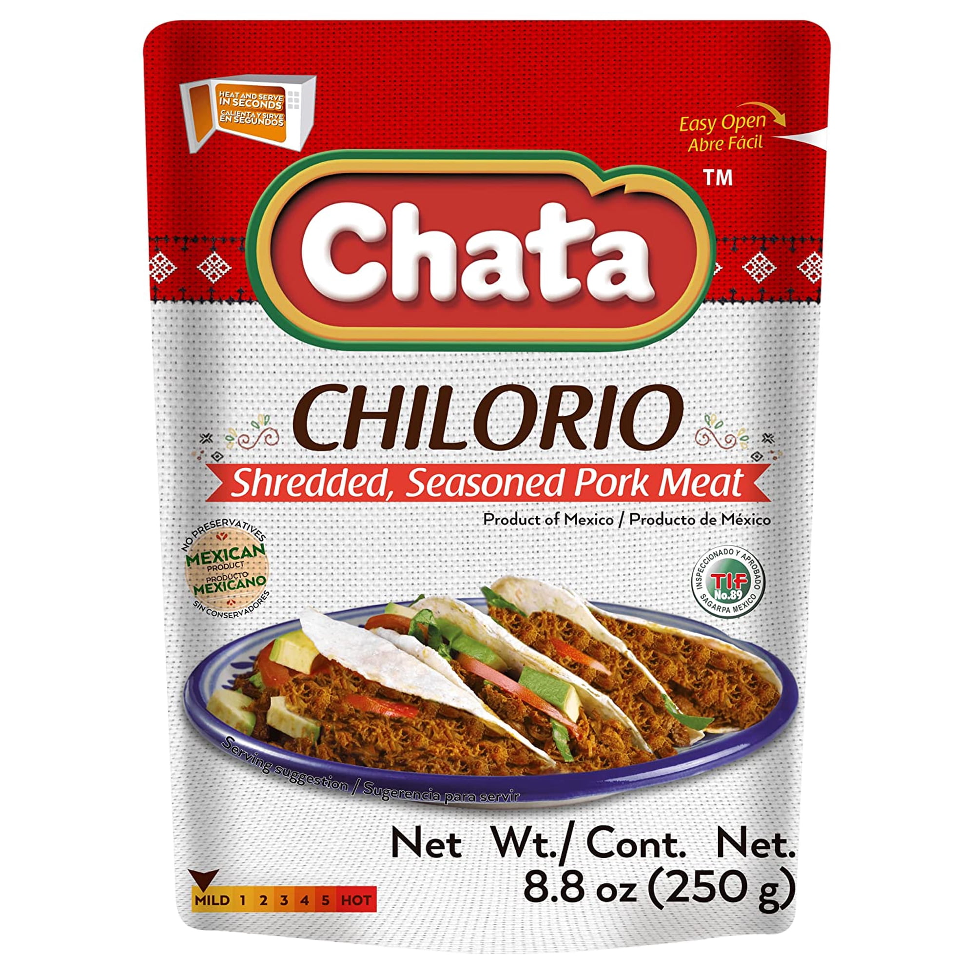 Chata Pork Chilorio Pouch | Shredded, Seasoned Pork Meat | Ready-to-Eat | No Preservatives | 8.8 Ounce (Pack of 12)