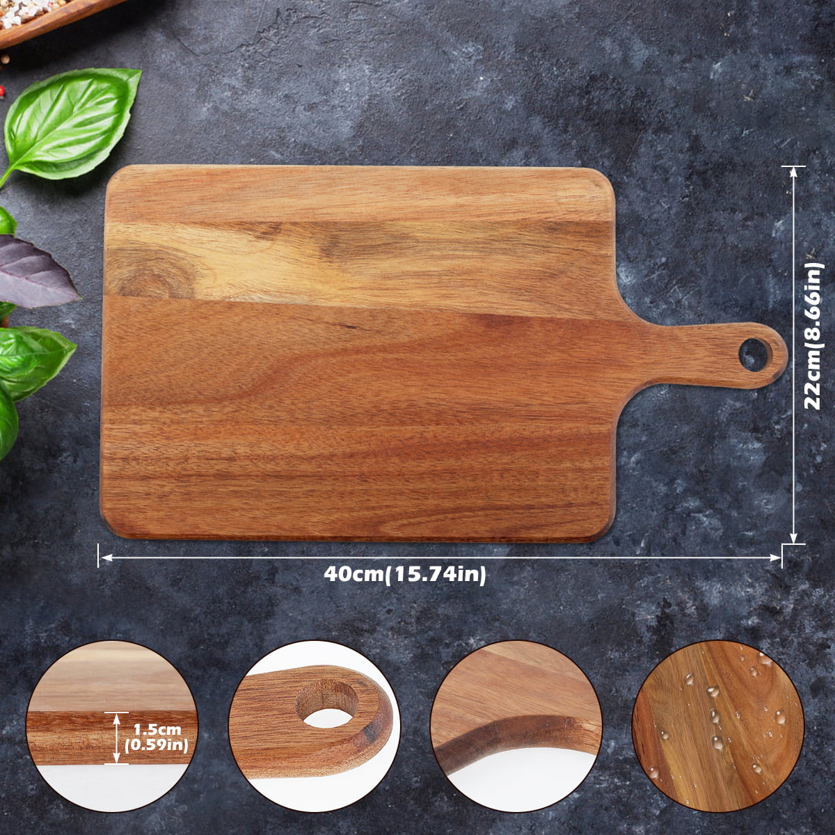 ABUKY Acacia Wood Cutting Board with Handle, Kitchen Chopping Board for  Meat Bread Serving Small Food Prepare, Rectangular Cheese Paddle - 15 x 10  Inch 