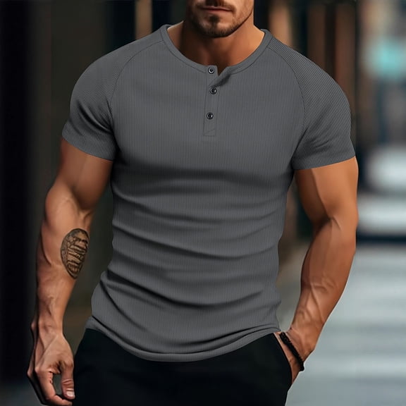 Ceisia Men's Slim Fit Short Sleeve Henley T-Shirt Ribbed Texture Spring Summer Shirt Gift