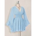 thumbnail image 6 of Womens Baby Blue V-Neck Solid Color Smocked Waist Bell Sleeve Mini Dress, 6 of 10