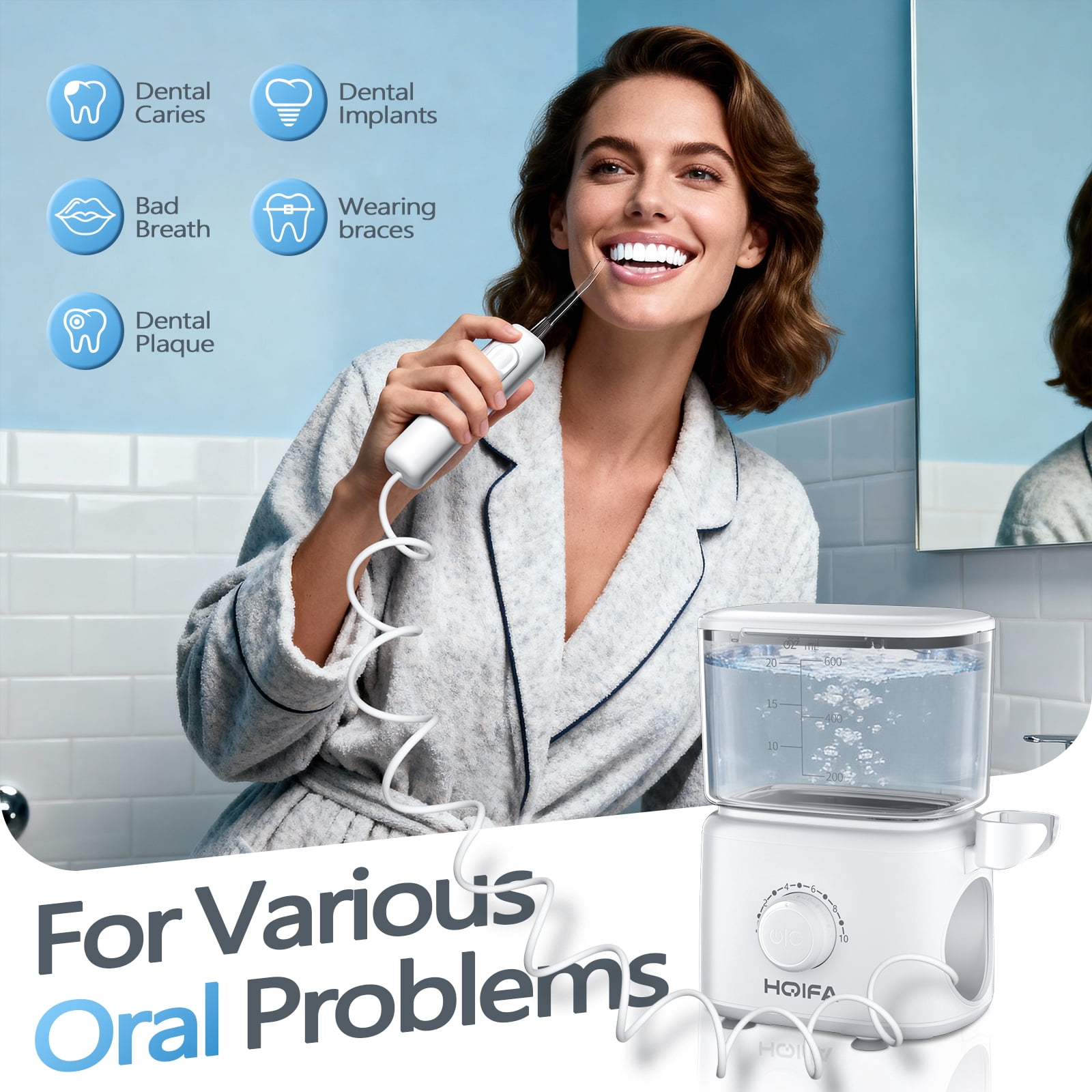 Water Flosser for Teeth Cleaning and Flossing, 600ML Dental Electric Oral Irrigator with 5 Jet Tips and 10 Pressure Settings for Family, White