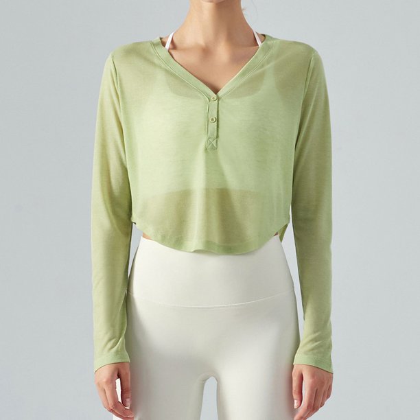 Traje de yoga fino con cuello en V, camiseta exterior corta de manga larga, blusa deportiva holgada para exteriores, blusa deportiva transpirable de verano para mujer