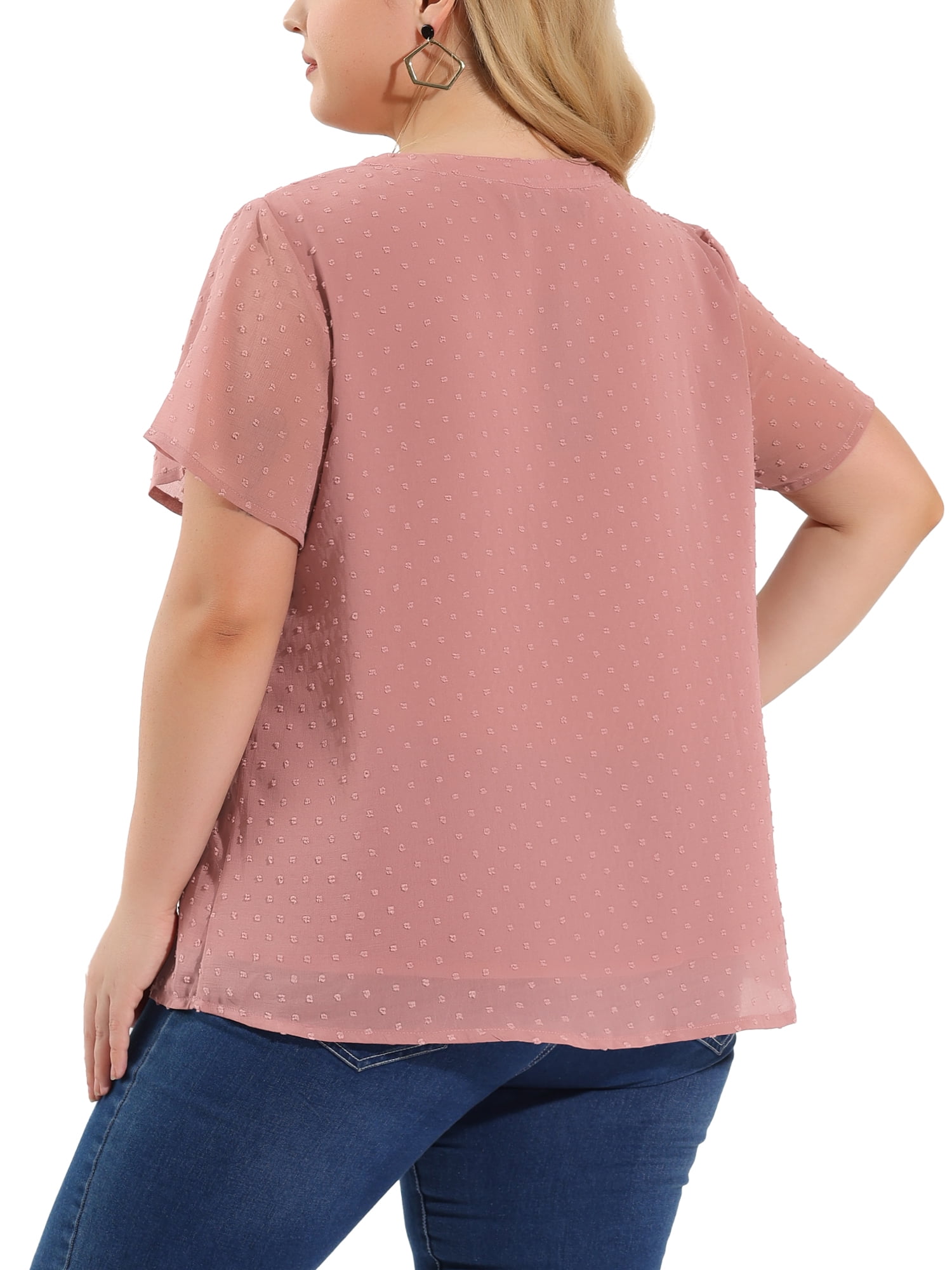 Unique Bargains Women's Plus Size Outfits Fashion Solid Pin Dots V Neck Top 4X Pink