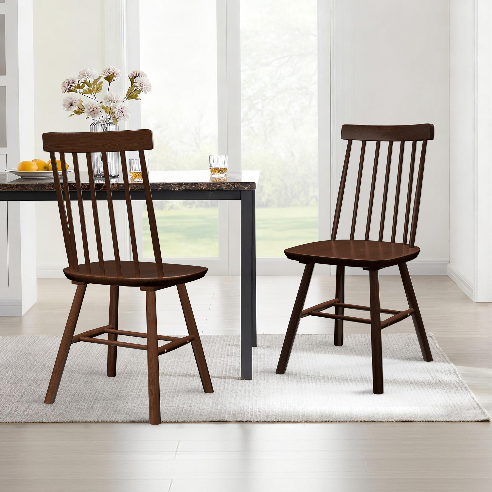 Dhole 7-Spindle Narrow Back Windsor Dining Chairs, Set of 2, Solid Hardwood Kitchen & Dining Room Seating, Brown