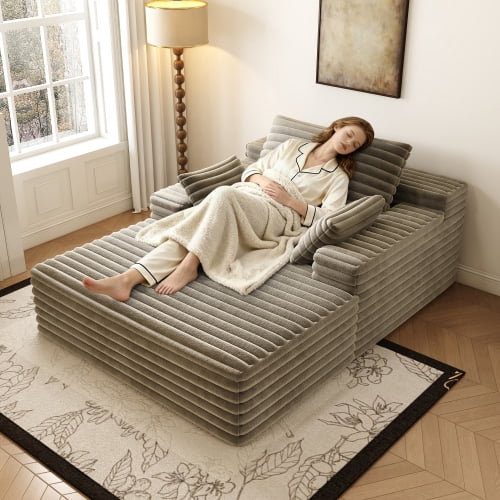 Oversized Chaise Lounge Chair Indoor, Plush Boneless Cloud Couch with Side Pockets & Cup Holders, Comfy Corduroy Sleeper Couch with Removable Pillows for Living Room,Camel