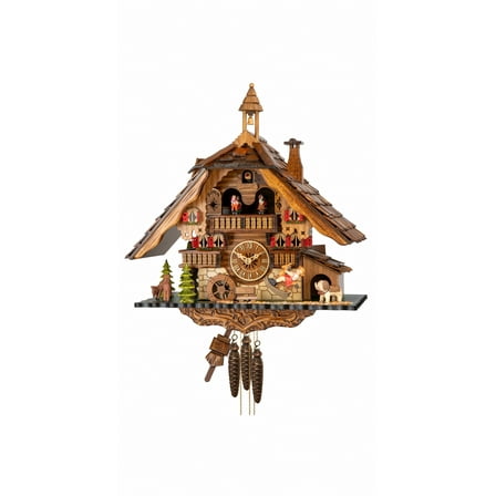 Cuckoo Clock Black forest house with music, moving seesaw and mill wheel