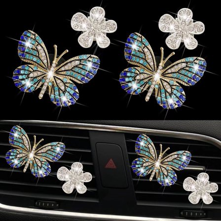 Bling Butterfly Air Vent Clips, 4 Pcs Crystal Daisy Car Air Fresheners Vent Clips Car Diffuser Vent Clip Rhinestone Diamond Flower for Women (Blue)