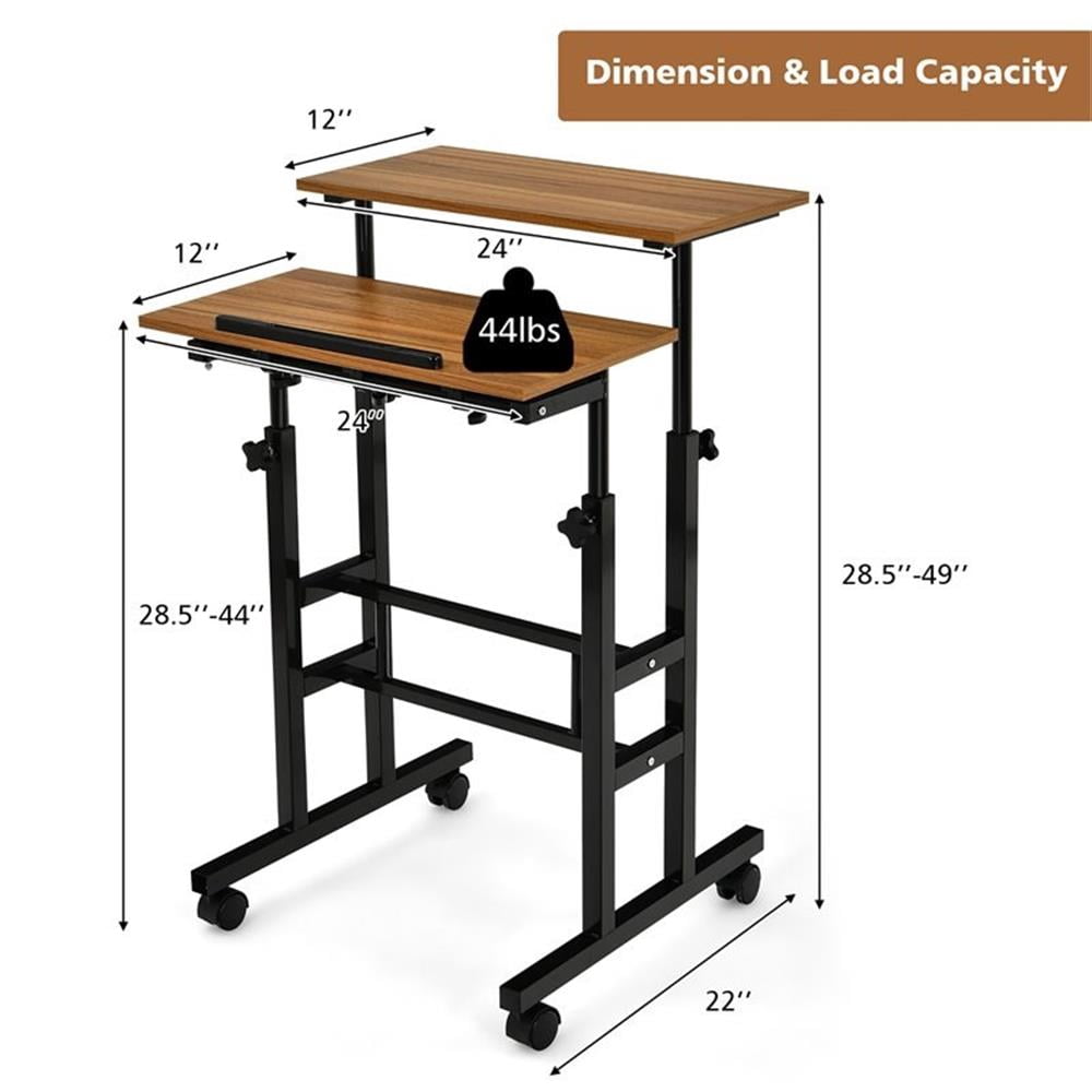 Pemberly Row MDF and Steel Adjustable Rolling Mobile Standing Desk in Walnut
