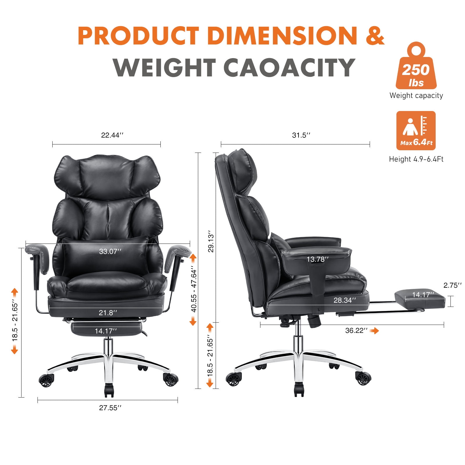 GIANNA Executive Home Office Desk Chair Ergonomic Big Tall High Back with Footrest & Lumbar Support, Reclining Height Adjustable Comfy PU Leather Computer Gaming with Swivel Wheels, Black