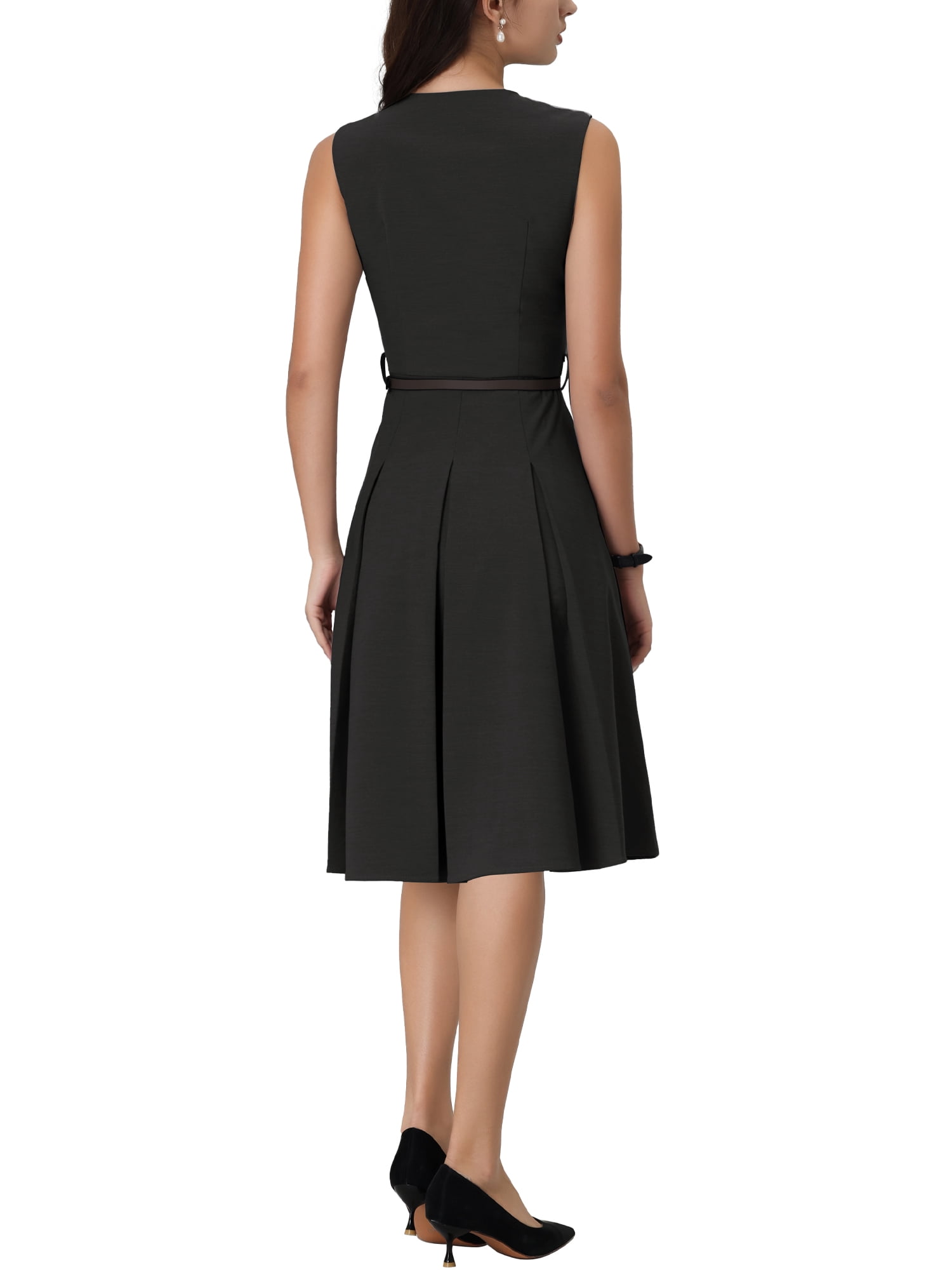 Unique Bargains Women's Sleeveless Dress Zip Up Belted Fit & Flare Work Dresses L Black