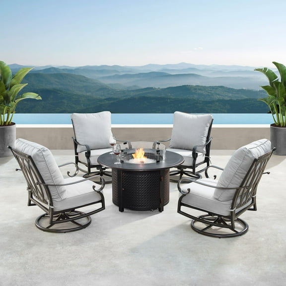 Outdoor Living and Style 5-Piece Black and Gray Outdoor Patio Round Fire Table with Swivel Rocking