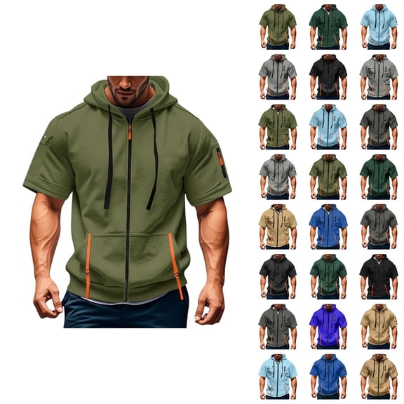 Short Sleeve Hoodies for Men Summer Fall Drawstring Loose Hooded Sweatshirt with Pockets Casual Zip Up Jacket Outerwear
