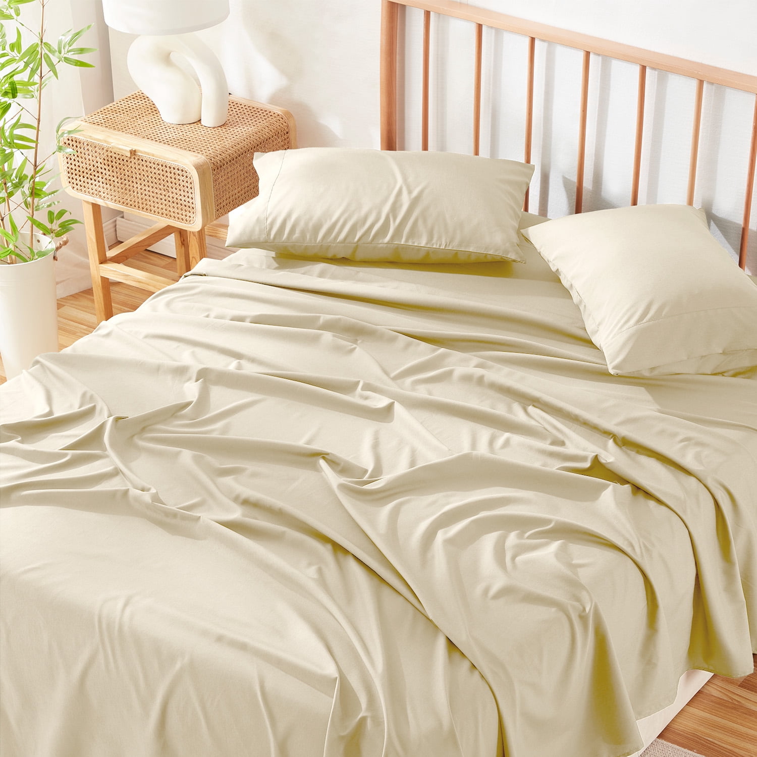 Phoenix Bed Sheets Set, Deep Pocket Rayon Derived from Bamboo & Microfiber Cooling 4 Piece Queen Sheets sets, Cream