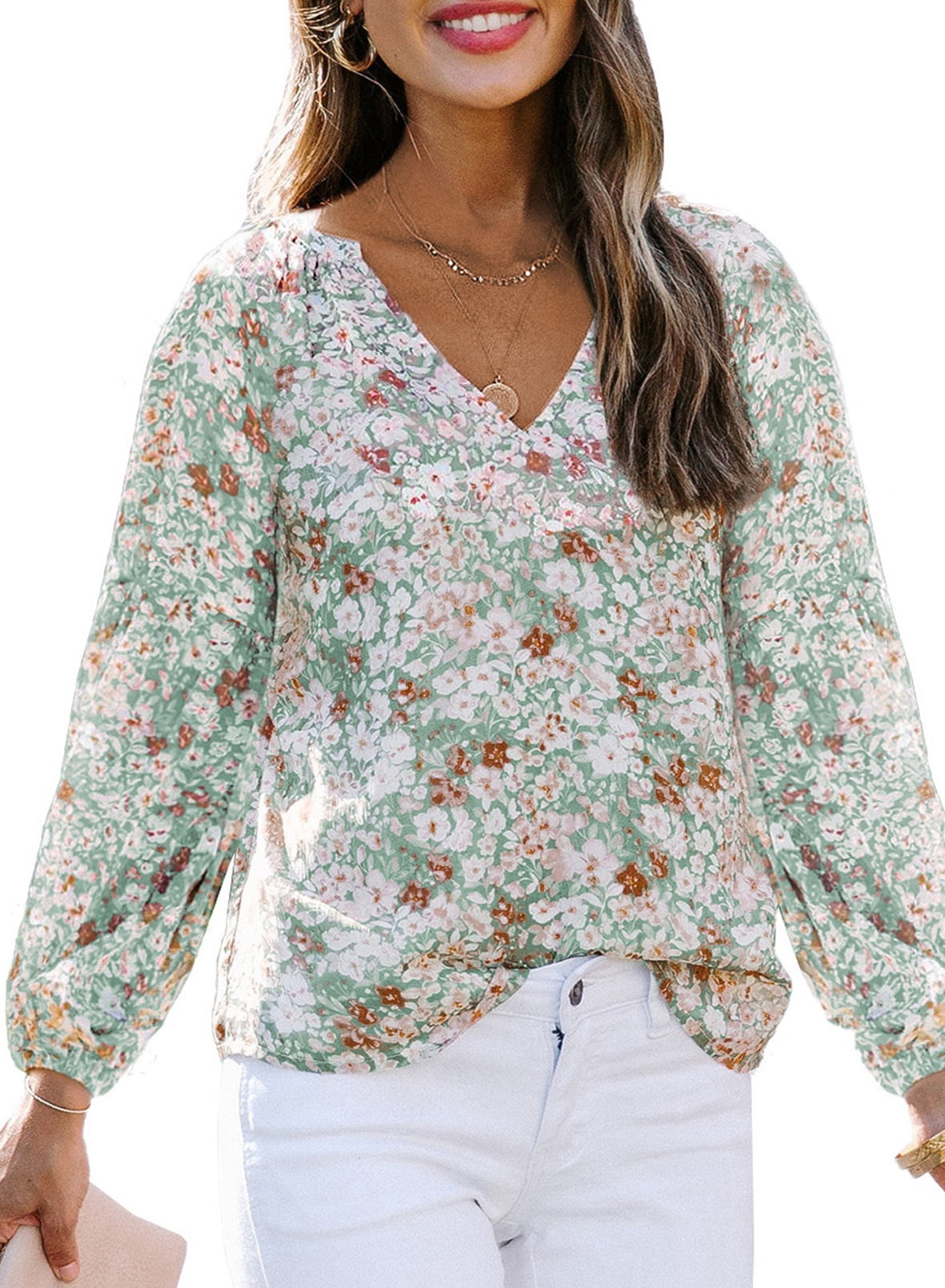 Cozirly Womens Fashion Ethnic Floral Button up Shirt Slim Cute Tops Long  Sleeve V Neck Slim Shirt Casual Pleated Tunic Blouse at  Women's  Clothing store