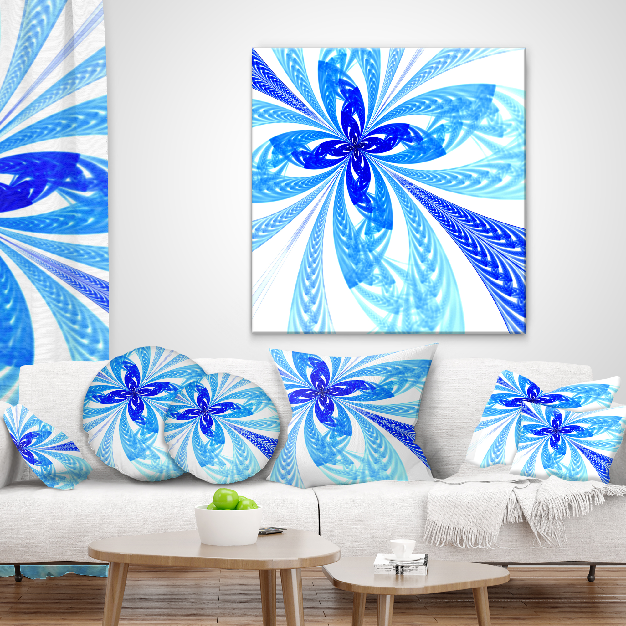 Designart Blue Long Petal Fractal Flower - Floral Throw Pillow - 12x20