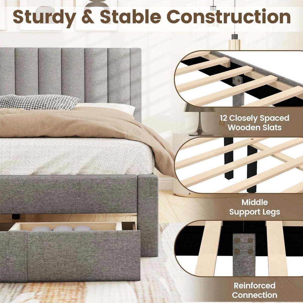 Barara King Queen Size Bedroom Bed Frame with Storage Drawer and Vertical Channel Headboard, Bed Platform Frame for Apartment, Bedroom, Beige