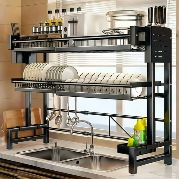 Heavy-Duty Carbon Multifunctional Retractable Kitchen Sink Rack with Dish Drying Rack, Knife/Utensil Holder & Space-Saving - Over-Sink Storage Shelf for Small Apartments, Dish Rack, Washing Station