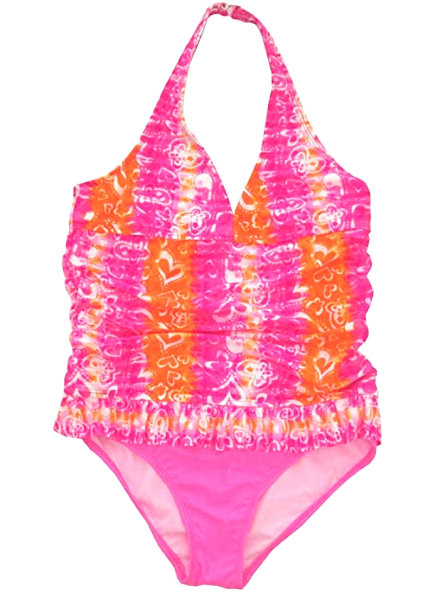 Angel Beach Big Girls One Piece Heart Ruffle Swim Suit (Orange/Pink