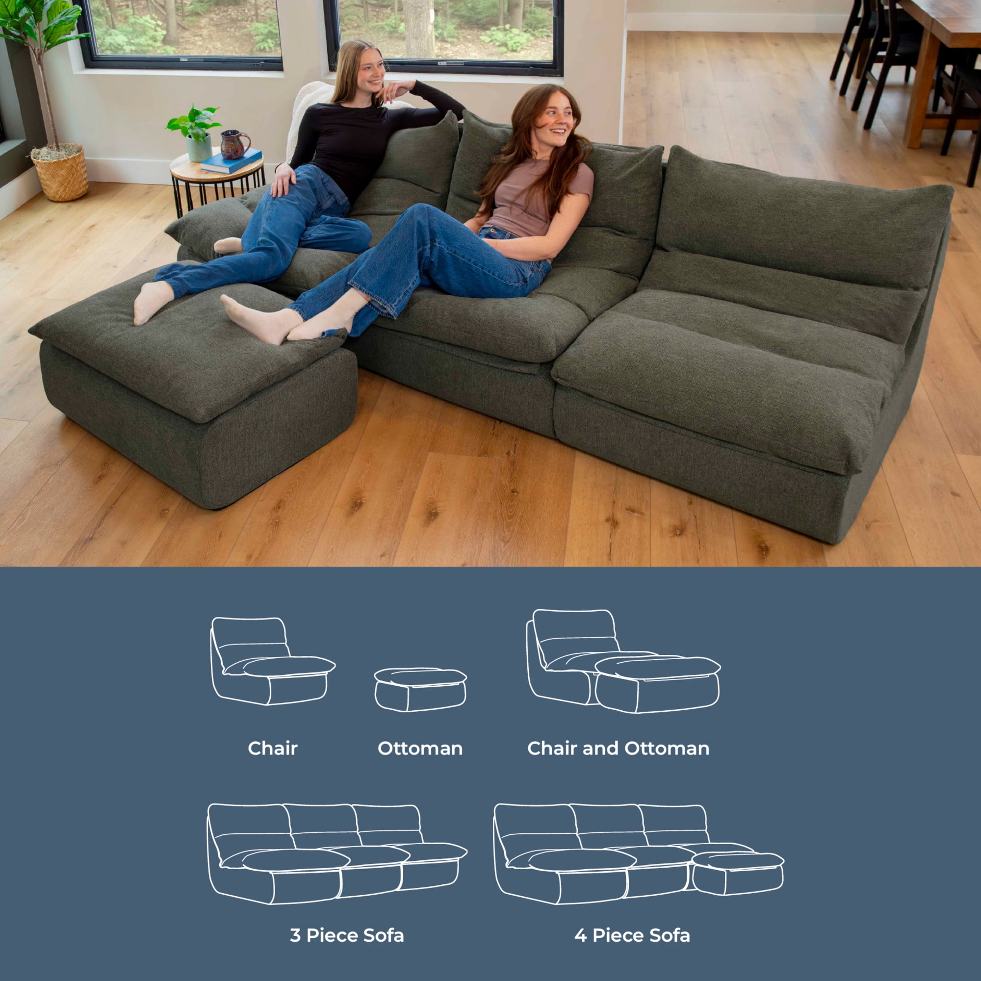 Big Joe Driftscape Modular Sectional Sofa, 4 Piece Couch, Olive Green