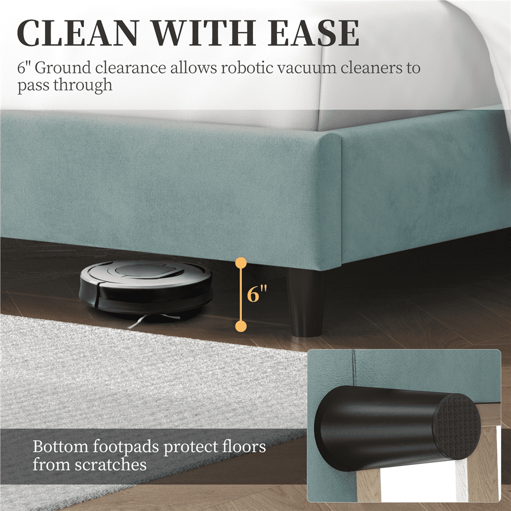 Renwick Upholstered Platform Bed Frame with Tufted Headboard, Blue Lake, All Ages, Queen