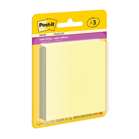 Post-it Super Sticky Notes 3 in x 3 in, Canary Yellow, 3 Pads