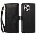 thumbnail image 2 of Case For iPhone 15 Pro Butterfly Flower Multi-card Holder Zipper Wallet With Lanyard Magnetic Clasp Flip Stand Leather Phone Case,Black,For iPhone 15 Pro, 2 of 9