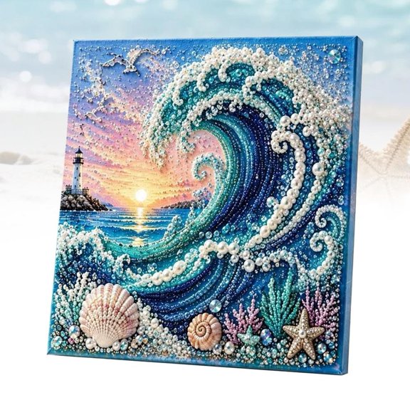 5D Ocean Theme DIY Gem Art Kit 7.87" Multi-Faceted Gem Assembly Set Pre-Framed Coastal Home Living Room Wall Desk Decor