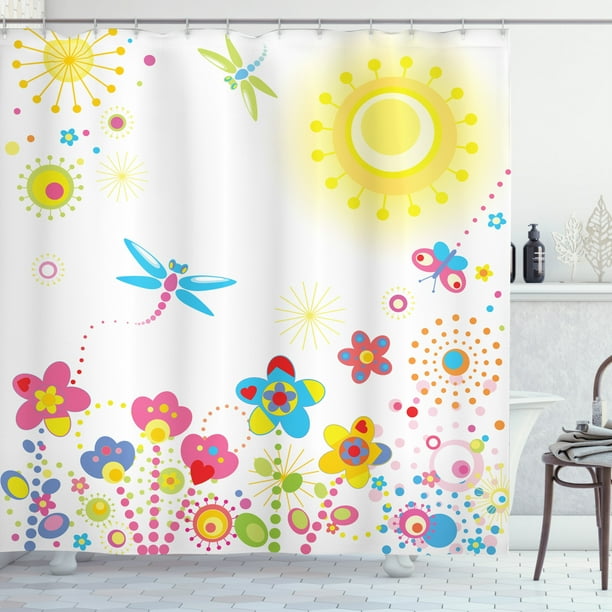 Dragonfly Shower Curtain, Summer Themed Floral Backdrop with Sun Rays Colorful Dandelions