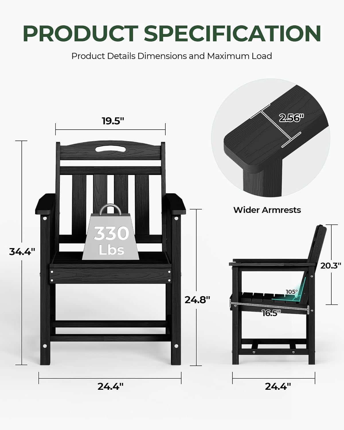 Harbweb HDPE Outdoor Dining Chair, All-Weather Wood Grain Patio Furniture, Black