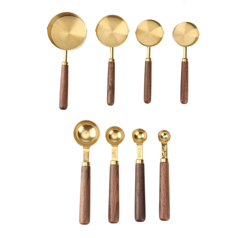 Walnut Wooden Handle Plated Gold Measuring Spoon Cups Kitchen Baking Supplies Bartending