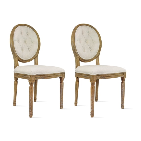 2xhome - Set of 2 French Chic Vintage Style Dining Chairs With Upholstered Linen Fabric And Elegant Natural Rustic Wood Frame - Rattan Wicker Oval Back