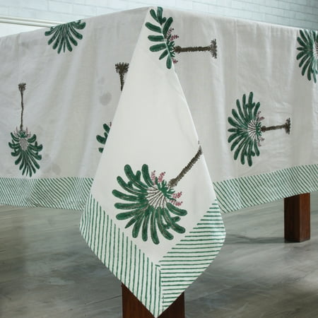 

Pine Green and Peanut Brown Print Tablecloth Palm Tree Print with Green Striped Border Indian Hand Block Printed Tablecloth