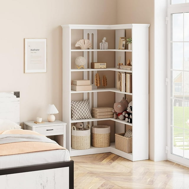 OUYAWEI 72.8In Corner Book Shelf,Farmhouse Bookcase,with Doors Modern Storage Rack 5 Shelf,Tall Standing Bookshelves,L Shaped Large Display Racks Book Shelf for Bedroom,Home Office