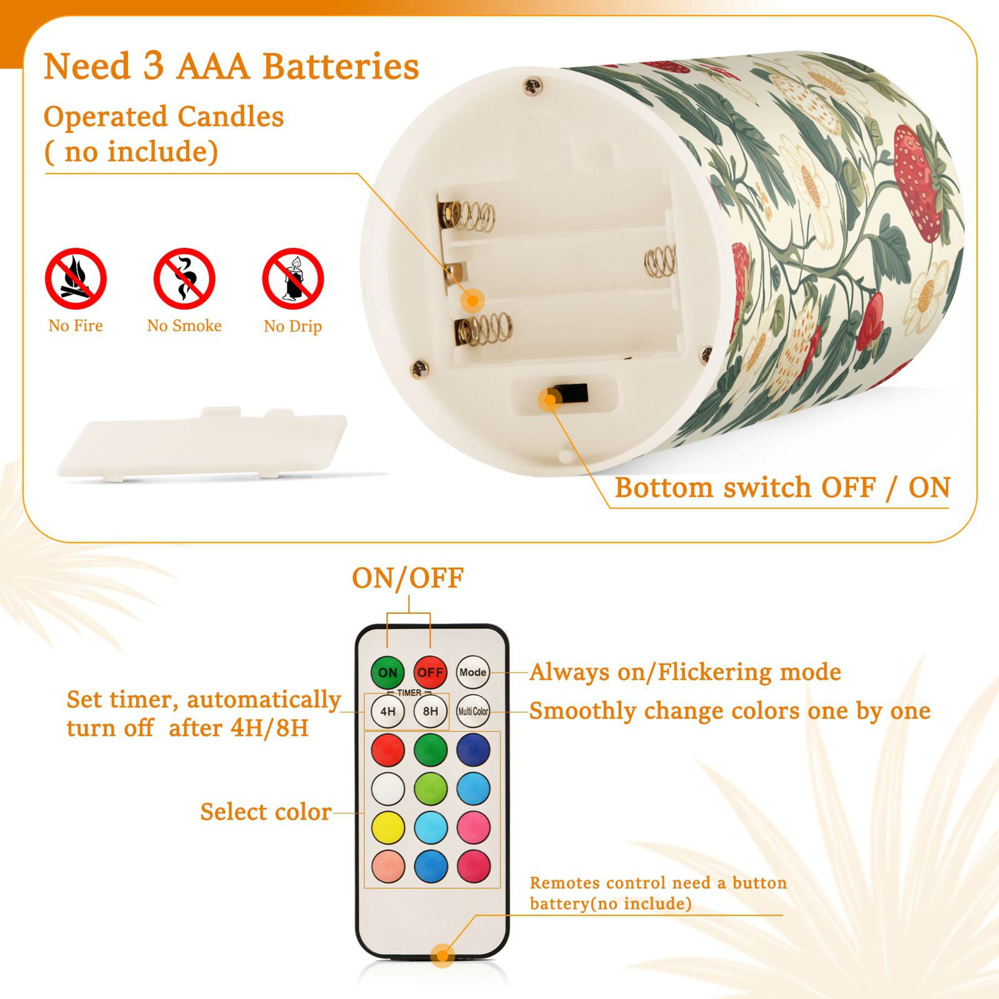 Yayeee Flameless Candles with Remote Flickering Battery Operated Multi Color Changing, Small Strawberry Pattern