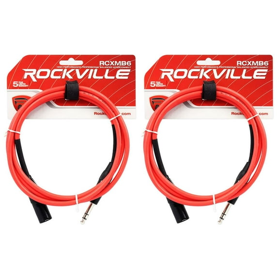 2 Rockville RCXMB6-R Red 6' Male REAN XLR to 1/4'' TRS Balanced Cables