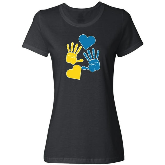 Inktastic Down Syndrome Awareness with Handprints and Hearts Blue and Yellow Women's T-Shirt