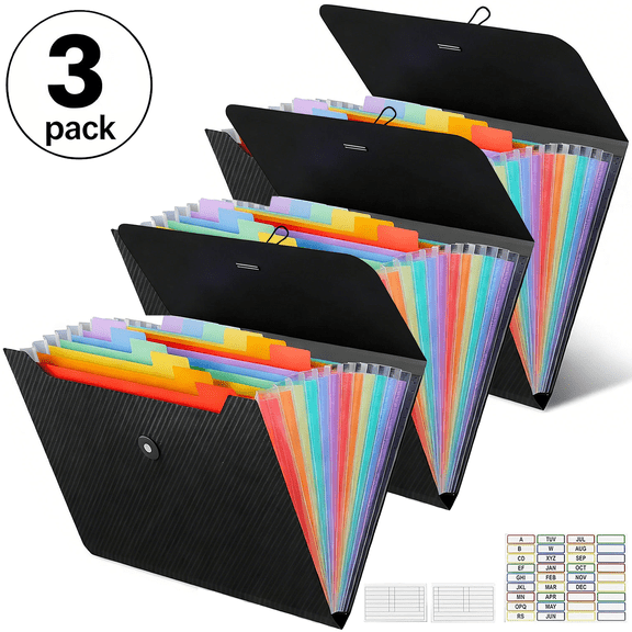 Minorsun Accordion File Organizer 13 Pocket, Expanding Folder with Label, Plastic Pocket Paper Organizer for Documents, Office, Home, School, 3 Pack