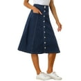 thumbnail image 4 of MODA NOVA Juniors' A-Line Stretchy High Waist Buttons Front Flowy Midi Skirts with Pockets M Dark Blue, 4 of 4