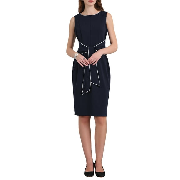 INSPIRE CHIC Womens Contrast Color Pencil Dresses Zipper Neck Tie Waist Sheath Dress S Deep Blue
