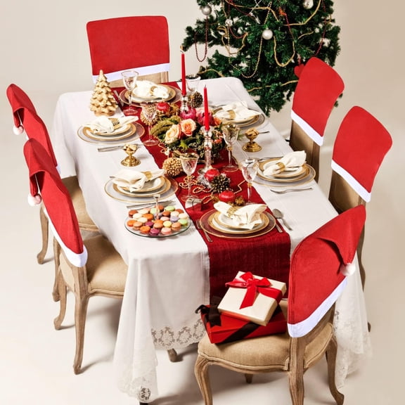 CPHDW7 Christmas Chair Covers, Santa Hat Style Red Slipcovers for Dining Chairs, Festive Back Cover Decor for Holiday Party Kitchen Table
