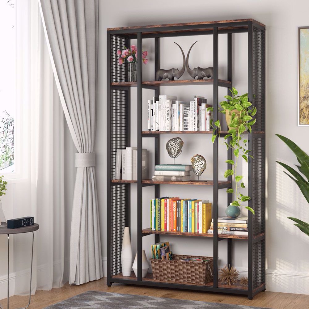 Tribesigns Bookcase Bookshelf with Metal Mesh, Industrial 6Staggered