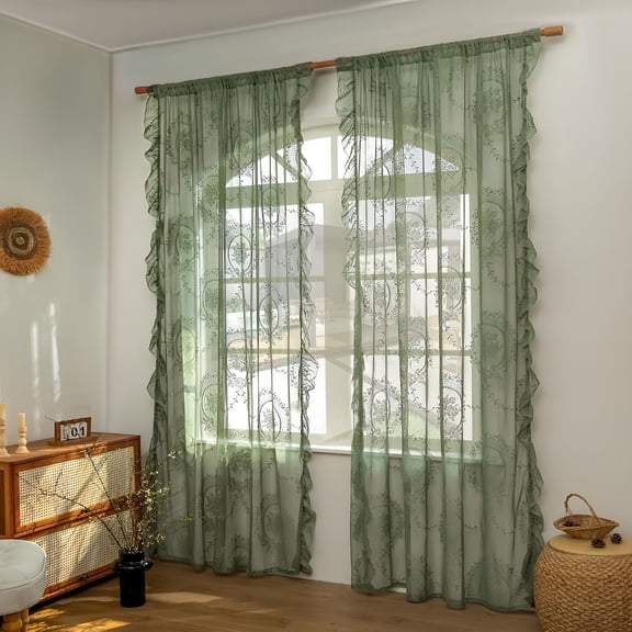 XIBUFE Green Lace Sheer Curtains Long Boho Floral Embroidery Curtains Rod Pocket Light Filtering Sheers for Bedroom/Living Room Bedroom Curtains 2 Panel Sets
