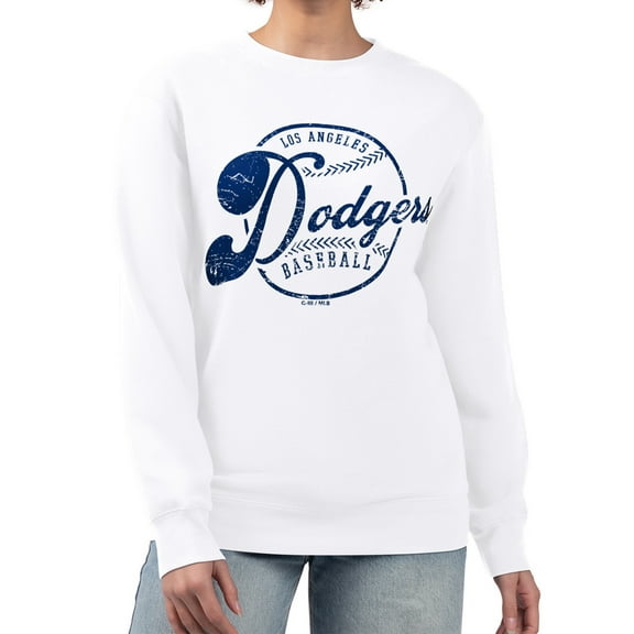 Women's G-III 4Her by Carl Banks White Los Angeles Dodgers Distressed Baseball Team Fleece Pullover Sweatshirt