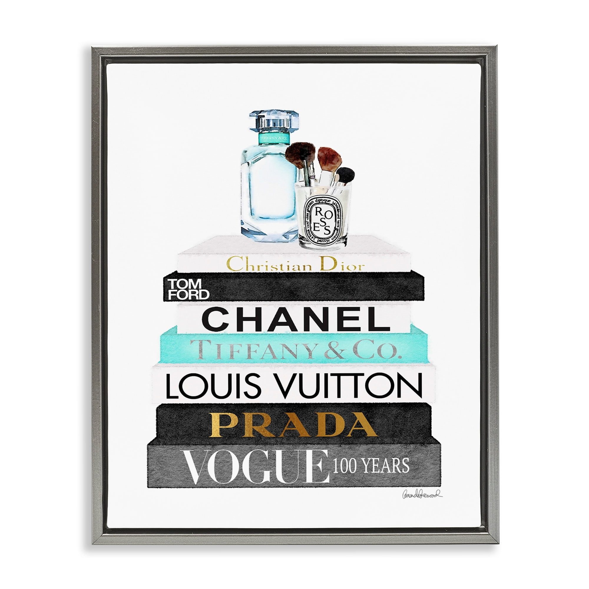 Stupell Industries Book Stack Perfume Brushes Glam Fashion Watercolor Luster Gray Framed Floating Canvas Wall Art, 24x30, by Amanda Greenwood