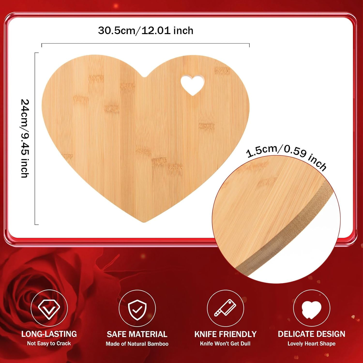 ABPETE Heart Shaped Cutting Board,Valentine's Day Bamboo Charcuterie Board, Bread & Cheese Serving Tray with Heart Hole, Wood Chopping Board for Housewarming & Wedding Gift (12.01x9.45x0.59")