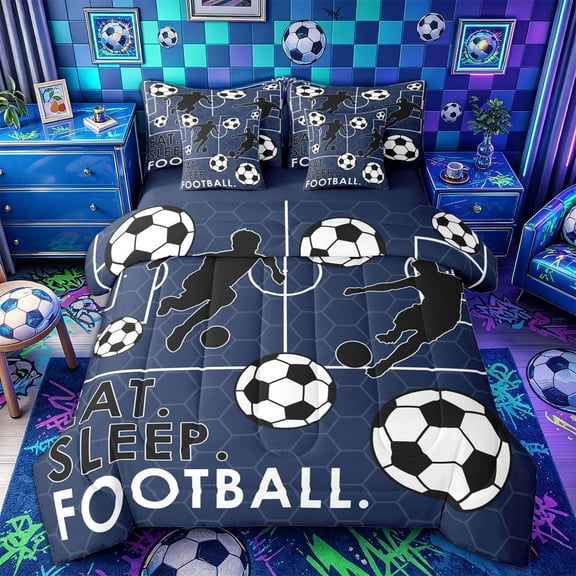 Castle Fairy Eat Sleep Soccer Twin Bedding 7-Piece, Sport Theme Hexagon Bedding Comforter Set, Navy Black,Navy Blue Reversible